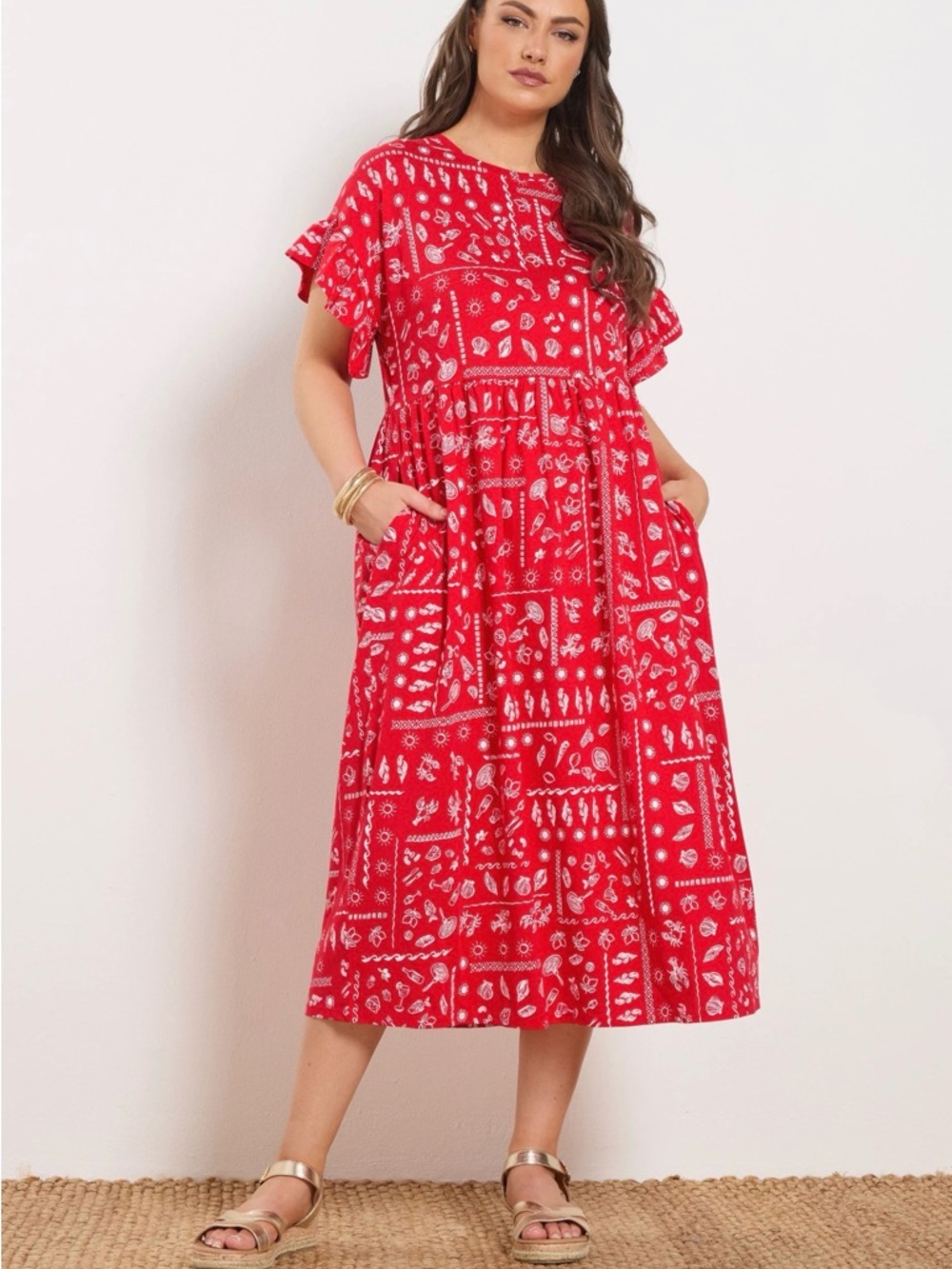 Yours Clothing Red Printed Midi Dress with Pockets